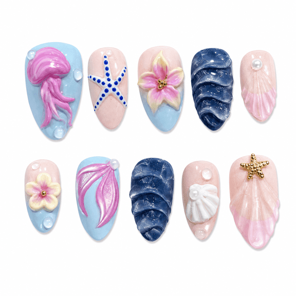 Ocean Blue Jellyfish Press on Nails, Medium Almond Glossy Fake Nails with Raised Detail, 30 Count