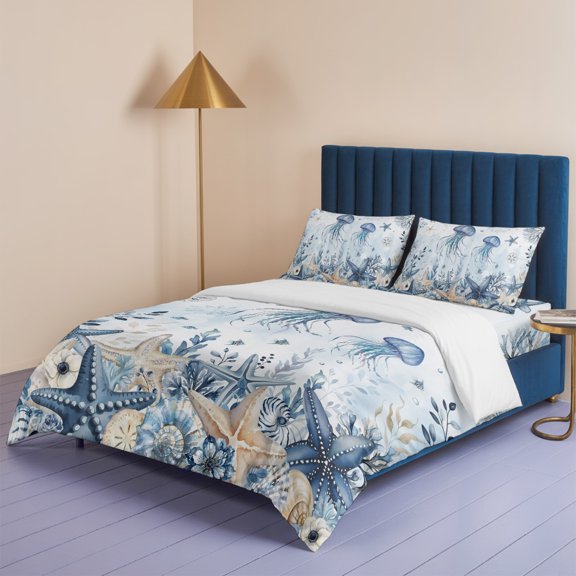 Ocean Blue Jellyfish Starfish Coral Flower Queen Size Bed Set,Marine Life Bedding for All Seasons,4 Pcs Bed Set,1 Quiltcover (90"x90"),1 Sheet (90"x102"),2 Pillowcases (20"x30")