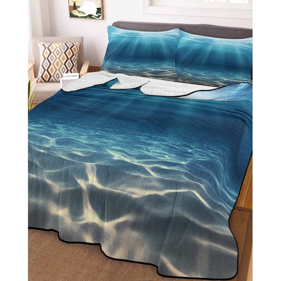 Ocean Blue King Size Down Alternative Comforter, Lightweight Comforter Quilt Bedding Set with Pillow Shams Underwater Sun Light Coastal Sea Scenery All Seasons Bed Comforter Duvet Insert 96"x106"