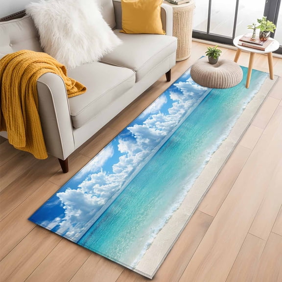 Ocean Blue Kitchen Runner Rug 2x6 Washable Runners for Hallway Non Slip Beach Nature Coast Sea Shore Sky Seawater Large Area Rug Indoor Floor Carpet for Bathroom Laundry Entryway Bedroom Living Room