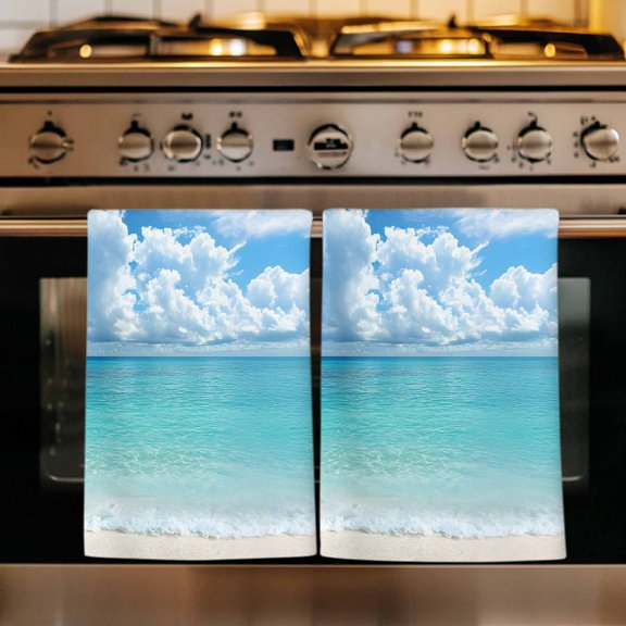 Ocean Blue Kitchen Towels Set of 2, Beach Nature Coast Sea Shore Sky Seawater Absorbent Dish Towels for Kitchen, Microfiber Hand Towel, Quick Drying Tea Towel for Cleaning Decorative Dishcloths