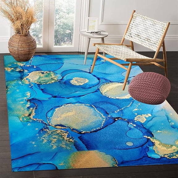 Ocean Blue Liquid Abstract Modern Area Rug For Living Room Bedroom Coastal Design Dining Room Washable Carpet Turquoise Aesthetic Home Office Floor Rug Indoor Outdoor Rug 5 x 6ft