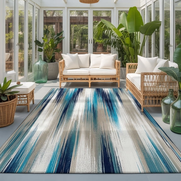Ocean Blue Mist 6'x9' Large Area Rugs Country Abstract Pastoral Navy Blue Waves Washable Area Rugs Non-Slip Indoor Floor Mats Large Carpet for Living Room Bedroom Dining Room