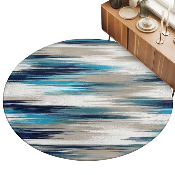 Ocean Blue Mist Area Rug, Country Abstract Pastoral Navy Blue Waves Non-Slip Felt Rubber Backing Round Indoor Carpet Washable Rugs for Living Room Bedroom 5ft