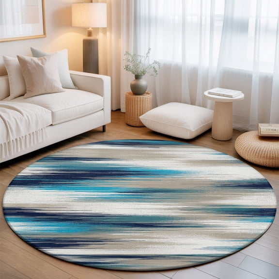 Ocean Blue Mist Round Living Room Rugs 6 ft, Country Abstract Pastoral Navy Blue Waves Washable Area Rug with Non-Slip Sturdy Edge Binding Round Carpet for Kitchen Office Bedroom