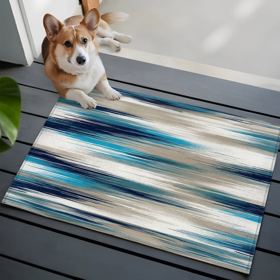 Ocean Blue Mist Small Area Rugs 2x3 Country Abstract Pastoral Navy Blue Waves Entryway Rugs Washable Door Mat, Low-Profile Area Rugs Non Slip Floor Carpet for Living Room Bedroom Home Office