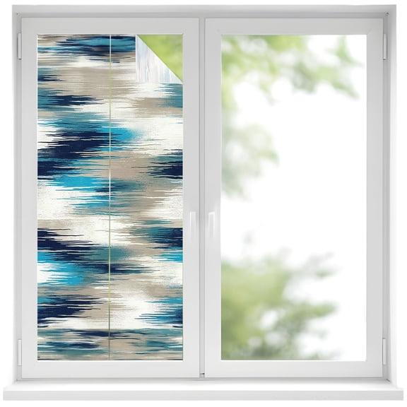 Ocean Blue Mist Window Privacy Film, Country Abstract Pastoral Navy Blue Waves Frosted Glass Window Clings Static Cling UV Heat Blocking Reusable Door Sticker for Bathroom 17.7 x 39.3 Inch