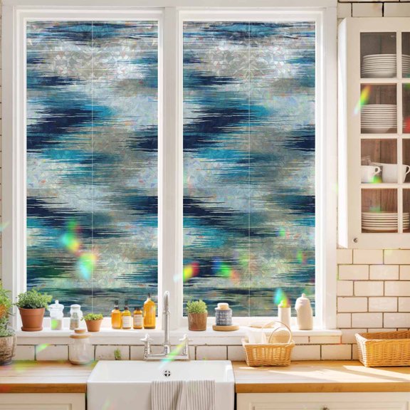 Ocean Blue Mist Window Privacy Film Country Abstract Pastoral Navy Blue Waves Static Cling Stained Glass Window Film Non-Adhesive Decorative Decals Rainbow Sticker 17.7"X39.3"