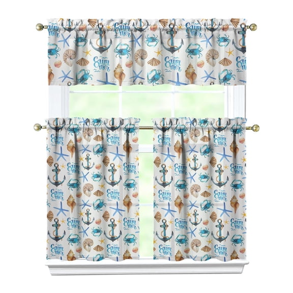 Ocean Blue Nautical Curtains Set of 3 - Sailor & Anchor Design Tier and Valance for Kitchen Windows, 54x18 + 2x27.5x36 Inch, Light Filtering Rod Pocket Panels