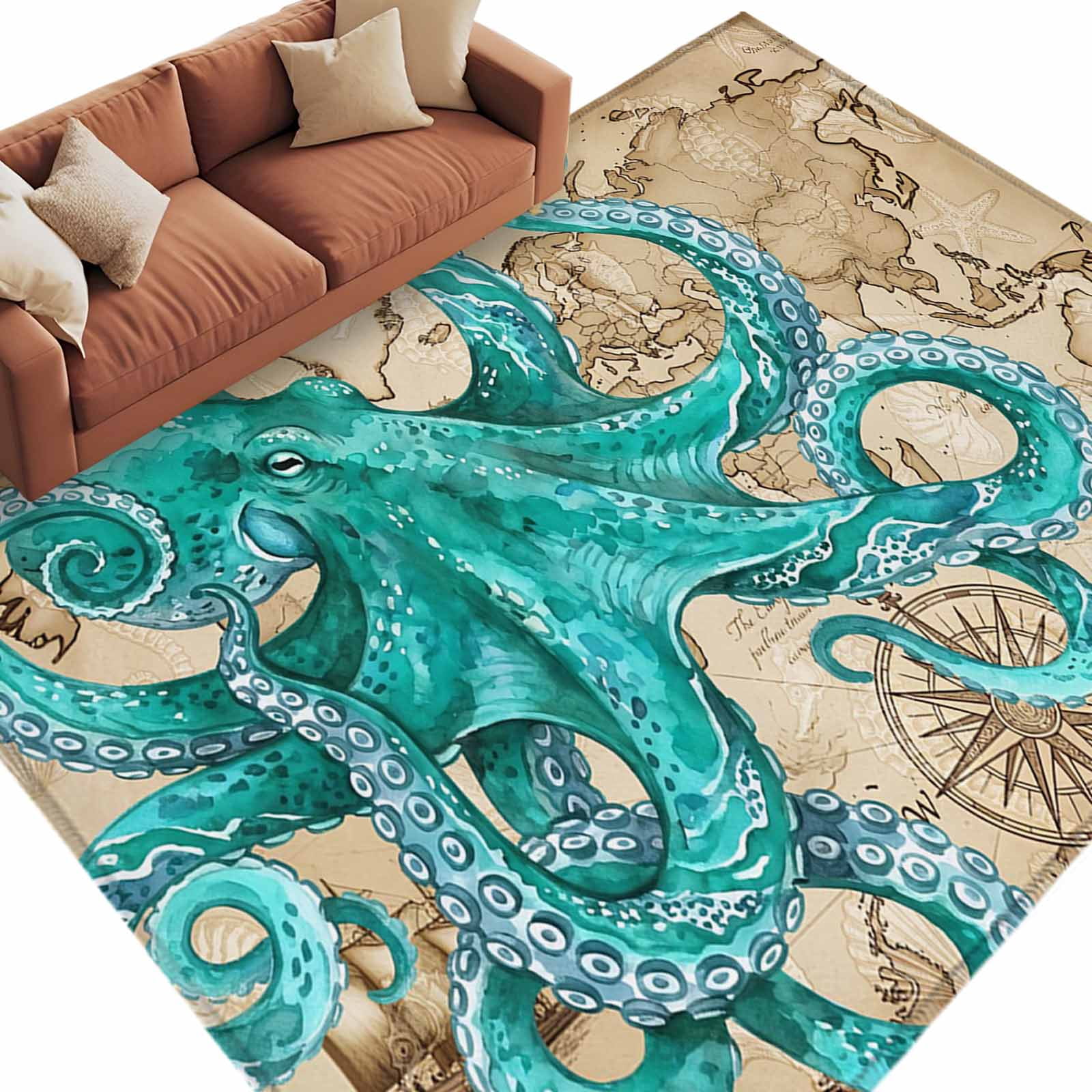 Ocean Blue Octopus Area Rug 5x8 Washable Rug Non Slip Coastal Anchor ...