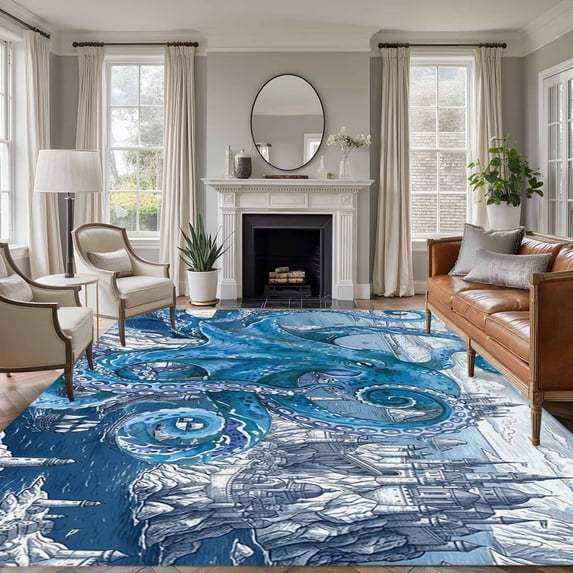 Ocean Blue Octopus Area Rugs 6'x9', Washable Small Throw Rugs for Kitchen Dining room, Nautical Castle Coastal Lighthouse Indoor Outdoor Rug Non-Slip Low Pile Carpet Runner Reversible Floor Mats