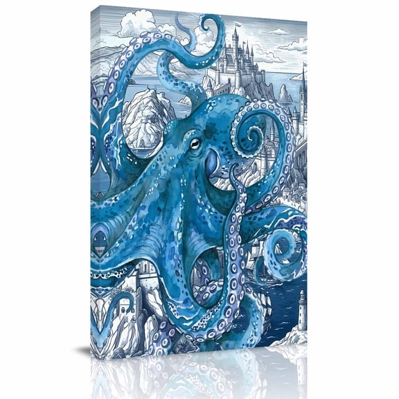 Ocean Blue Octopus Canvas Wall Art for Living Room, Summer Nautical Vintage Sea Ships Castle Cloud Poster Print Painting for Bedroom Office Home Decoration Wall Pictures Prepare To Hang 16"x16"
