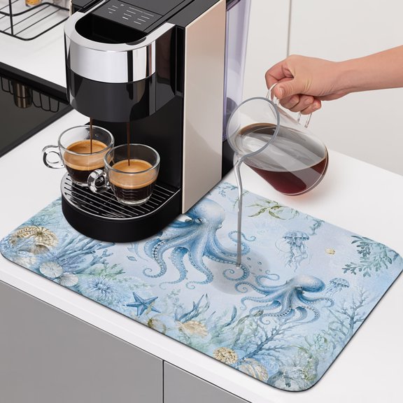 Ocean Blue Octopus Dish Drying Mats for Kitchen Counter, Summer Beach Nautical Starfish Seaweed Jellyfish Absorbent Coffee Bar Mat with Non-slip Rubber Backed Quick Drying Dish Rack Pad 12"x16"