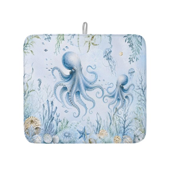Ocean Blue Octopus Jellyfish Coral Dish Drying Mats for Kitchen Counter,Absorbent Microfiber Dish Drainer Rack Mat Underwater Marine Creature Drying Pad for Sinks,Utensils,Countertops,16x18in