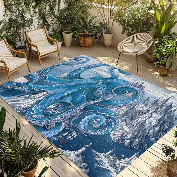 Ocean Blue Octopus Outdoor Rug for Patio/Deck/Porch, Non-Slip Large Area Rug 5 x 7 Ft, Nautical Castle Coastal Lighthouse Indoor Outdoor Rugs Washable Area Rugs, Reversible Camping Rug Carpet Runner
