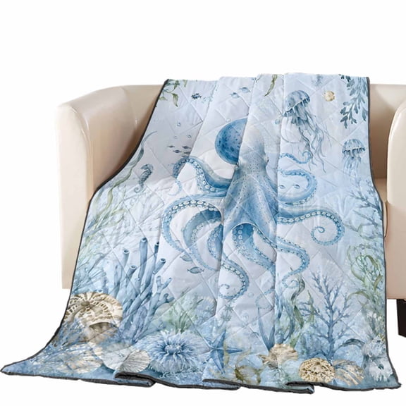 Ocean Blue Octopus Quilted Comforters Cooling Blanket Oversized King Size, Summer Beach Nautical Starfish Seaweed Jellyfish Cold Comfort for Hot Sleepers Air Conditioning Quilt Blanket for Bed