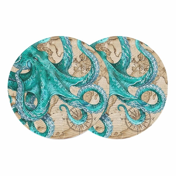 Ocean Blue Octopus Round 13 Inch Placemats Set of 2, Coastal Anchor Sea Boat Retro World Map HeatResistant Non Slip Place Mats for Dining Table, Wipeable Braided Kitchen Table Mats for Housewarming