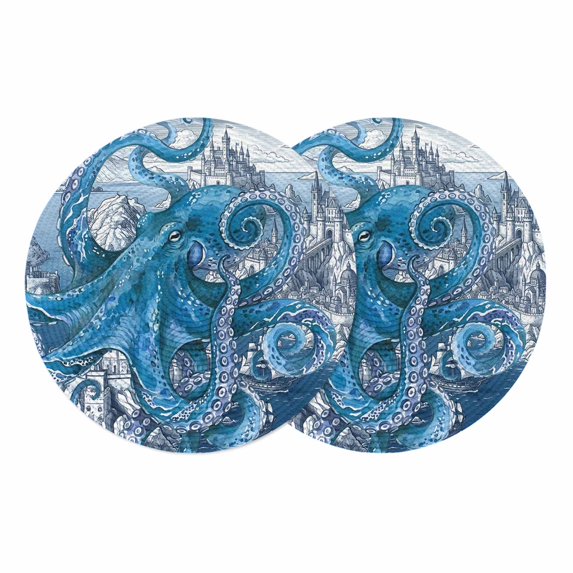 Ocean Blue Octopus Round 13 Inch Placemats Set of 2, Nautical Castle Coastal Lighthouse HeatResistant Non Slip Place Mats for Dining Table, Wipeable Braided Kitchen Table Mats for Housewarming