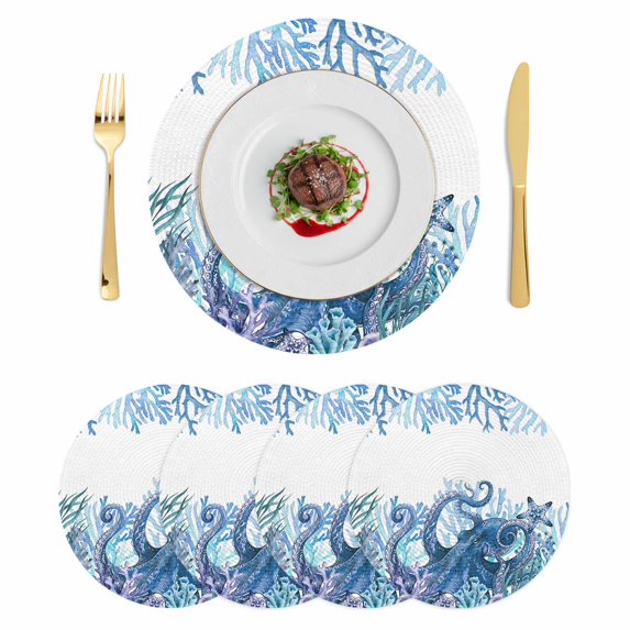 Ocean Blue Octopus Round 13 Inch Placemats Set of 4, Coastal Coral Beach Nautical Starfish HeatResistant Non Slip Place Mats for Dining Table, Wipeable Braided Kitchen Table Mats for Housewarming