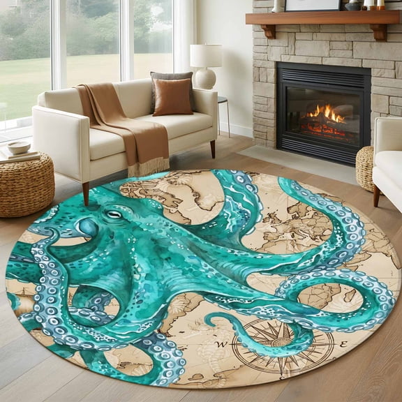 Ocean Blue Octopus Round Area Rug 5Ft Washable Circle Rugs for Living Room Bedroom, Coastal Anchor Sea Boat Retro World Map Non-Slip Carpet Floor Mats Indoor Outdoor Carpet Runner Home Decor