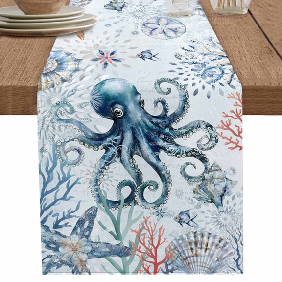 Ocean Blue Octopus Shell Coral on Vintage Table Runner-36 Inch Long Marine Life Table Runners Linen Burlap Tablerunner for Kitchen Dining Room Holiday Party