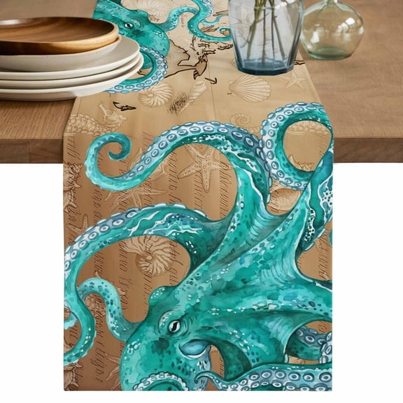 Ocean Blue Octopus Table Runner, Coastal Anchor Sea Boat Retro World Map Washable Cotton Linen Table Runners 36 Inches Long, Dresser Scarf Runner for Nightstand/End Tables/Round Tables 13''x36''
