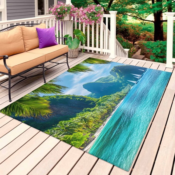 Ocean Blue Outdoor Rug 3x5 Ft, Non Slip Washable Area Rug, Palm Trees Forest Mountain Nature Scenery Patio Rugs Carpet Runner, Large Floor Mat for Indoor/Outdoor Deck Porch Camping