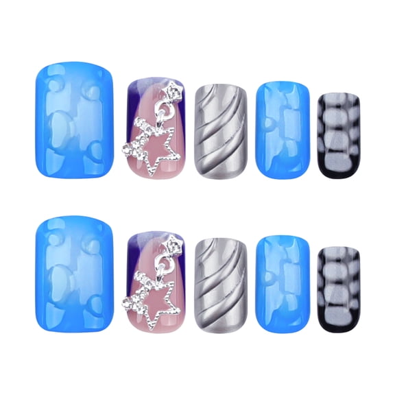 Ocean Blue Pink-Purple Ombre 3D Water Ripple Star Chain Press on Nails, Medium Square Glossy False Nails with Rhinestone Accent, 24 Count