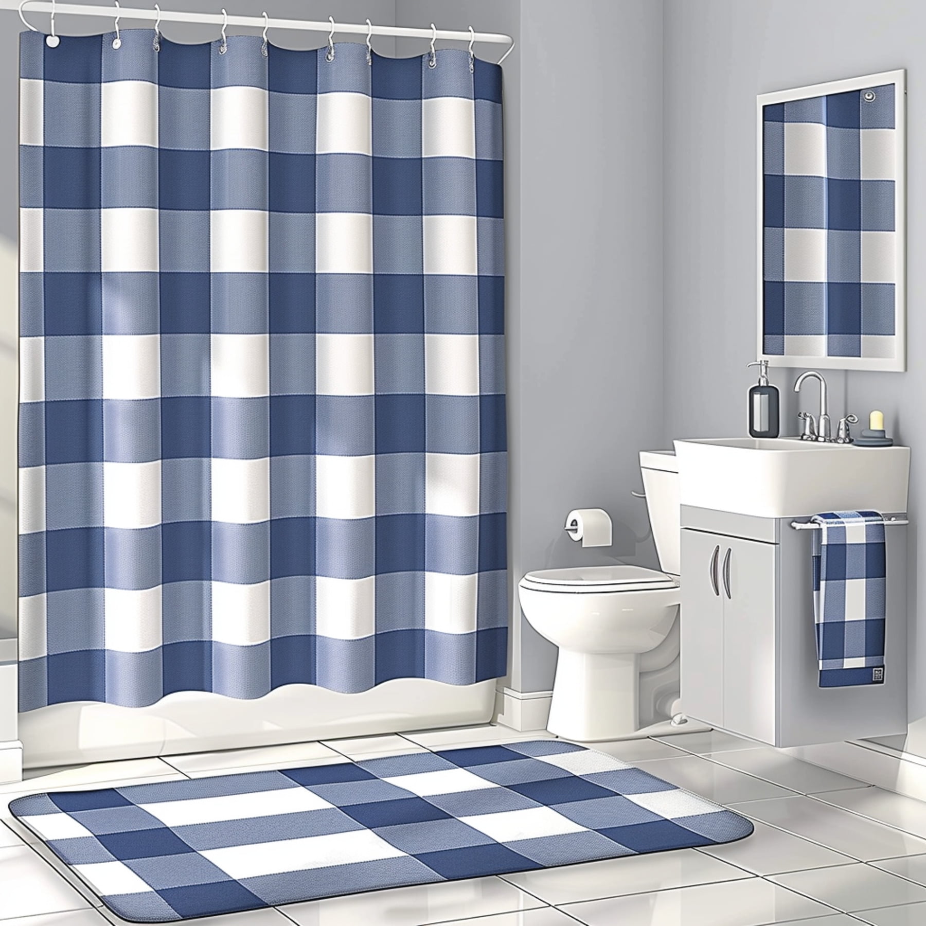 Ocean Blue Plaid Shower Curtain Set Coastal Bathroom Decor with