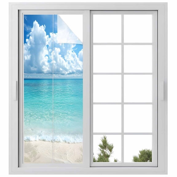 Ocean Blue Privacy Window Film, Decorative Frosted Glass Window Film, Beach Nature Coast Sea Shore Sky Seawater Reusable Peel and Stick Static Cling for Home Bathroom Office Glass Door 29.5"x78.7"