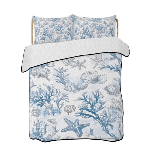 Ocean Blue Quilts Bedding Set King Size Grey Coral Shell Starfish Marine Life Coastal Lightweight Quilted Bedspread 3 Piece Bed Quilt with 2 Pillow Shams All Season for Bedroom 90" x 96"