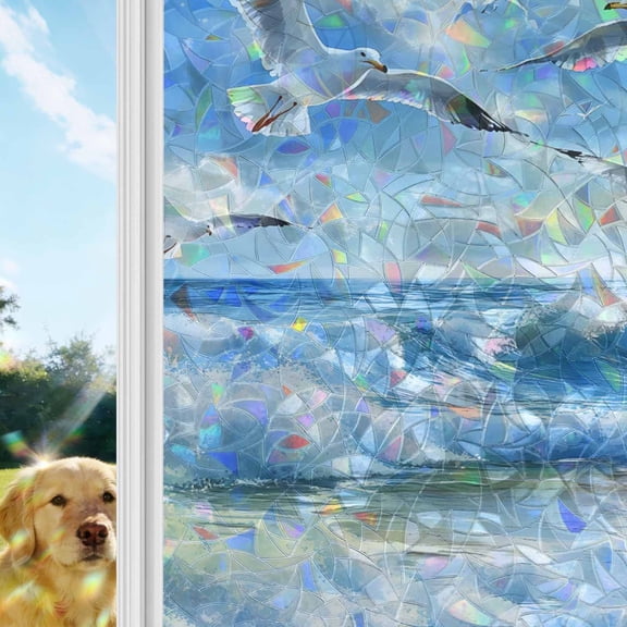 Ocean Blue Rainbow Window Privacy Film, Sky Bird Seagull Sea Wave Nature Scenery Stained Glass Window Film, Sun Blocking Glass Clings Static Cling Non Adhesive Door Stickers 17.7 x 39.3 Inches