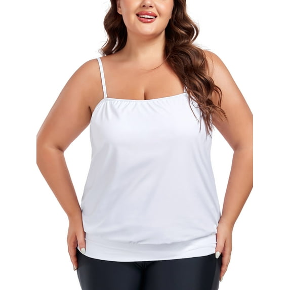Ocean Blue Removable Straps Women's Plus Size Loose Fit Blouson Bandeau Tankini Top Bathing Suit Strapless Tankinis Swimsuits White