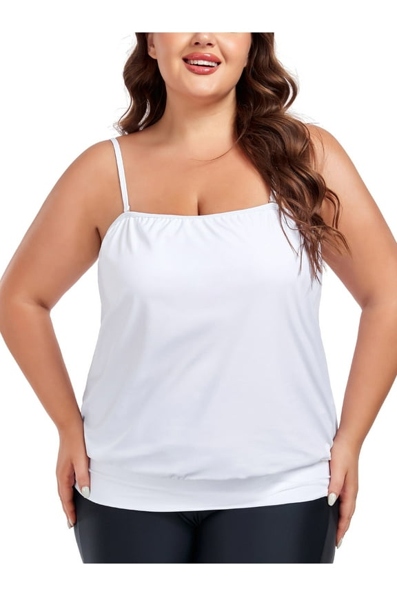 Ocean Blue Removable Straps Women's Plus Size Loose Fit Blouson Bandeau Tankini Top Bathing Suit Strapless Tankinis Swimsuits White