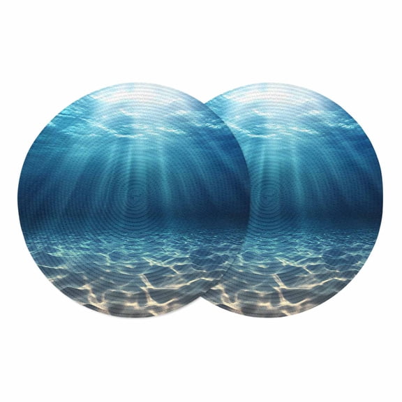 Ocean Blue Round 13 Inch Placemats Set of 2, Underwater Sun Light Coastal Sea Scenery HeatResistant Non Slip Place Mats for Dining Table, Wipeable Braided Kitchen Table Mats for Housewarming