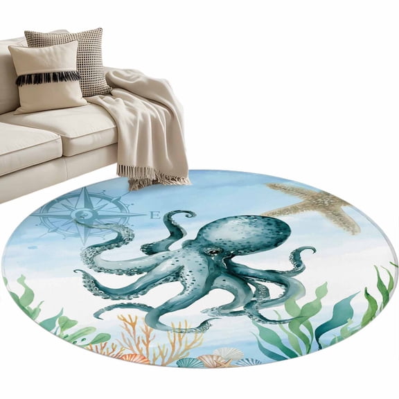 Ocean Blue Round Area Rug 4ft Octopus Starfish Compass Seagrass Coral Coastal Non-Slip Washable Circle Rugs Soft Felt Indoor Floor Mat for Bedroom Kitchen Living Room Bathroom