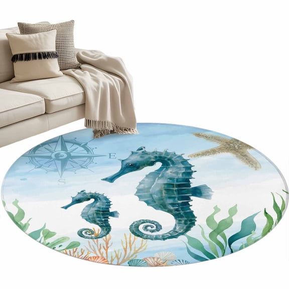 Ocean Blue Round Area Rug 4ft Seahorse Starfish Compass Seagrass Coral Coastal Non-Slip Washable Circle Rugs Soft Felt Indoor Floor Mat for Bedroom Kitchen Living Room Bathroom
