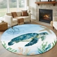 thumbnail image 1 of Ocean Blue Round Living Room Rugs 8 ft, Turtle Starfish Compass Seagrass Coral Coastal Washable Large Area Rug with Non-Slip Sturdy Edge Binding Round Carpet for Dining Room Kitchen Office, 1 of 9