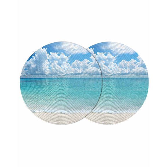 Ocean Blue Round Placemats Set of 2 for Dinning Tables,Heat-proof Braided Table Mats 13 Inch,Beach Nature Coast Sea Shore Sky Seawater Washable Place Mat for Kitchen Restaurant Party Table Decor