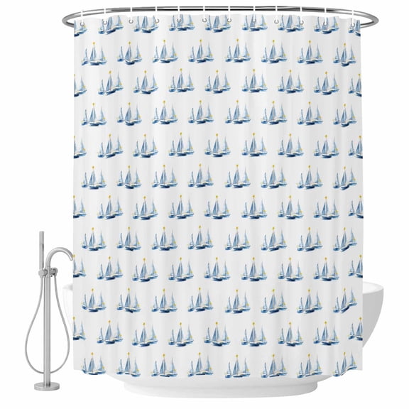 Ocean Blue Sailboats Shower Curtain Set with Hooks, Modern Nautical Coastal Beach Sea Boats Water Repellent Shower Curtains for Bathroom Decor Sturdy Shower Curtain, Machine Washable 36x72 Inch