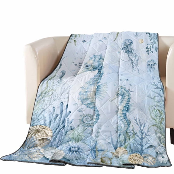 Ocean Blue Seahorses Quilted Comforters Cooling Blanket Queen Size, Summer Beach Nautical Starfish Seaweed Shell Cold Comfort for Hot Sleepers Lightweight Air Conditioning Quilt Blanket for Bed