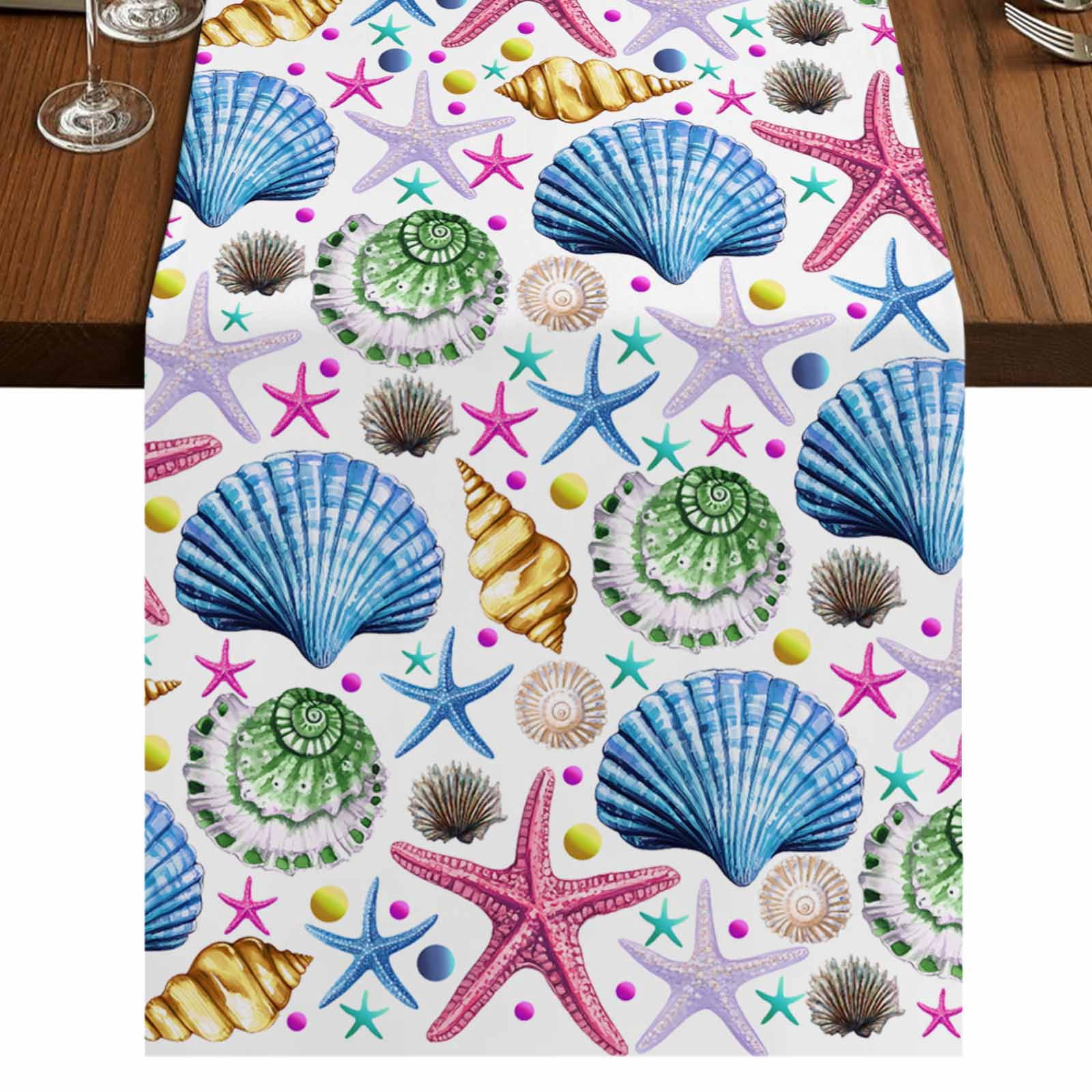 Shell Table Runner Ocean Blue Shell 48 Inch Table Runner, Multi Coastal Starfish Sea Conch ...