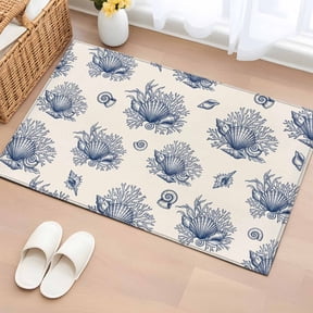 Ocean Blue Shell Entryway Rug 2'x3' Vintage Nautical Coastal Beach Seashell Coral Conch Small Area Rug Non-Slip Front Door Mat Washable Floor Carpet for Indoor Entrance Kitchen Bathroom