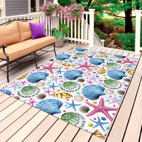 Ocean Blue Shell Outdoor Rug for Patio/Deck/Porch, Non-Slip Large Area Rug 3 x 5 Ft, Multi Coastal Starfish Sea Conch Indoor Outdoor Rugs Washable Area Rugs, Reversible Camping Rug Carpet Runner
