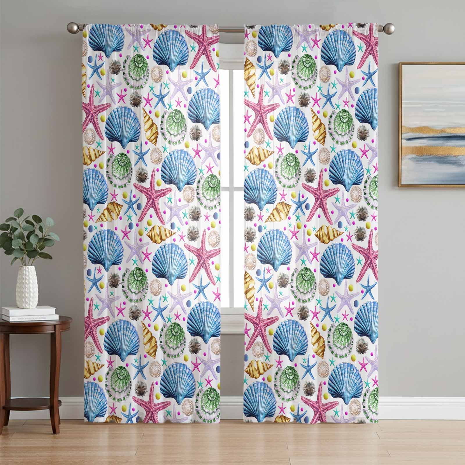 Ocean Blue Shell Sheer Curtains 96 Inch Length 2 Panels Set, Multi ...