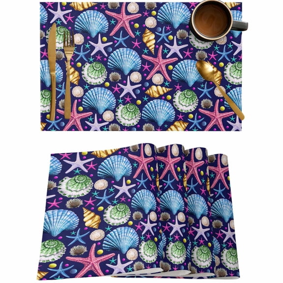 Ocean Blue Shell Starfish Conch Placemats Set of 4,Wipeable Washable Table Mats for Dining Tables,Marine Life Seamless Place Mats for Kitchen Event Party Tabletop Decor