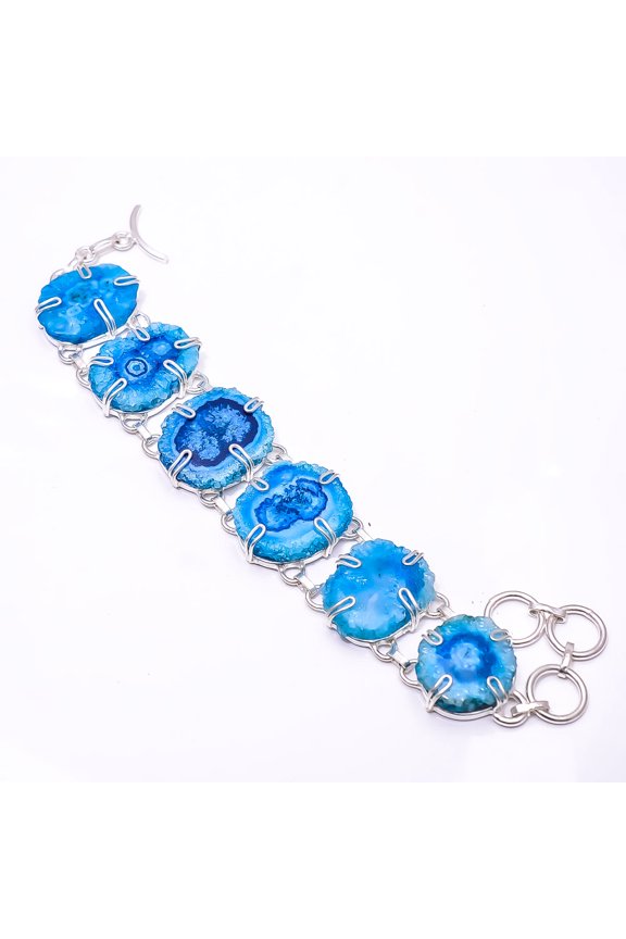 Ocean Blue Solar Eye Quartz Drusy 925 Sterling Silver Handmade Bracelet 7.99", Blue Solar Eye Quartz Bracelet B_9478_402_19, New Year Sale, Valentin's
