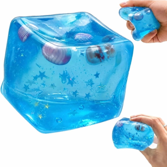 Ocean Blue Squishy Stress Cube, Slow Rising Sensory Fidget for Anxiety, Soft Gel Filled Calming Squeeze for Adults, Portable Desk Companion for Home Office (B)