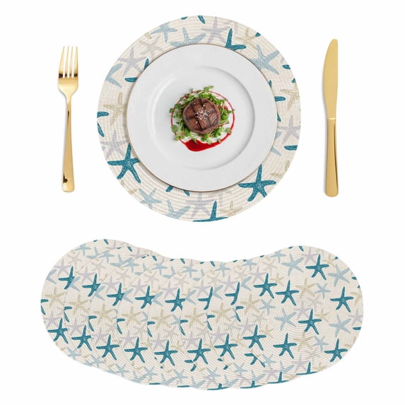 Ocean Blue Starfish Round 13 Inch Placemats Set of 8, Summer Coastal Beach Vintage HeatResistant Non Slip Place Mats for Dining Table, Wipeable Braided Kitchen Table Mats for Housewarming