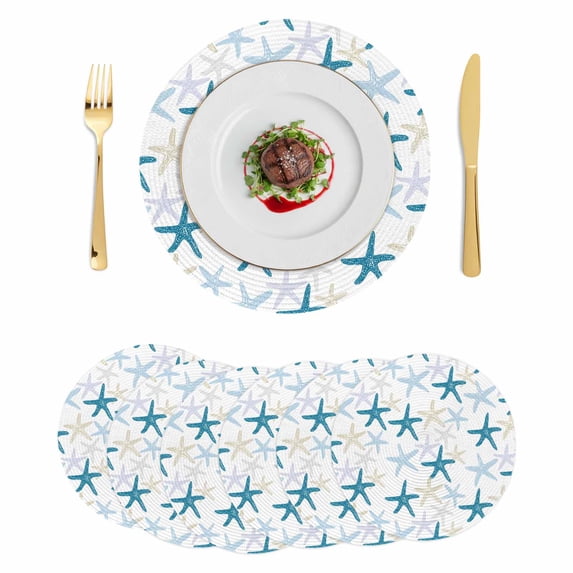 Ocean Blue Starfish Round 15 Inch Placemats Set of 6, Summer Coastal Beach HeatResistant Non Slip Place Mats for Dining Table, Wipeable Braided Kitchen Table Mats for Housewarming